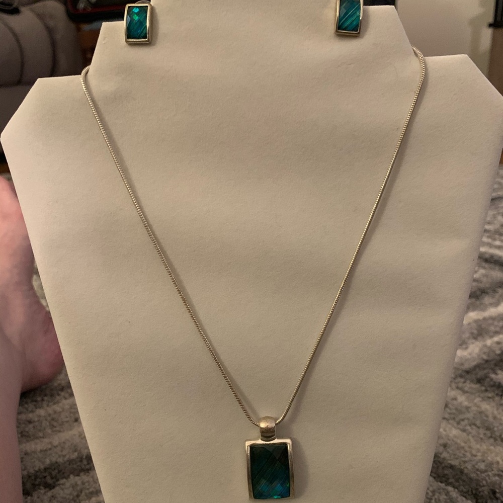 Necklace/Earring Set Silver & Bluish Green